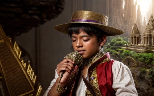 bellboy,aladdin,aladin,miguel of coco,aristocrat,bamboo flute,itinerant musician,cosplay image,ringmaster,mozart taler,hatter,wand gold,flautist,gamelan,aladha,mozart,lily of the nile,solo entertainer,javanese,shehnai,Realistic,Movie,Lost City