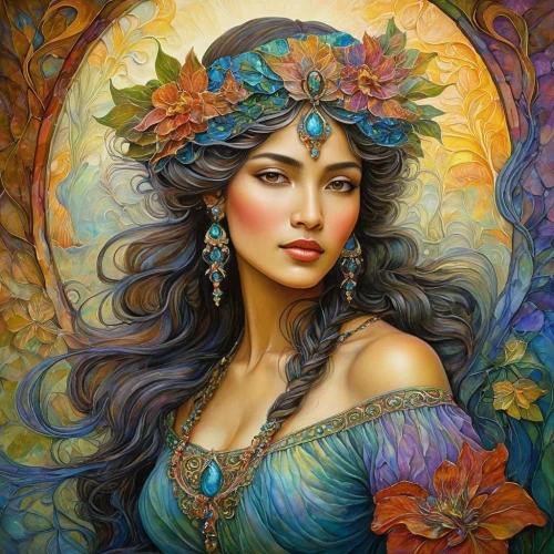 boho art,fantasy portrait,boho,artemisia,radha,girl in a wreath,persian,flora,fantasy art,mystical portrait of a girl,fantasy woman,moana,bohemian,persian poet,fairy peacock,pocahontas,gypsy soul,wreath of flowers,beautiful girl with flowers,faerie,Illustration,Realistic Fantasy,Realistic Fantasy 05