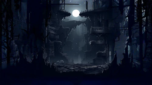 hollow way,halloween background,concept art,dark world,cartoon video game background,haunted forest,wither,dark park,lost place,lostplace,game illustration,nightlight,background image,dark art,penumbra,forest dark,chasm,haunted cathedral,world digital painting,dungeon