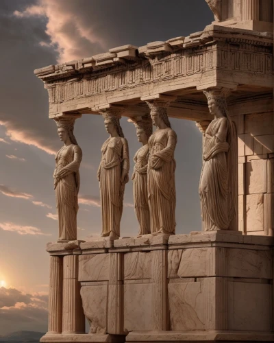 house with caryatids,apollo and the muses,ancient greek temple,doric columns,greek temple,acropolis,greek mythology,caryatid,three pillars,greek gods figures,the ancient world,hellas,classical antiquity,parthenon,athenian,the parthenon,artemis temple,athens,temple of poseidon,olympus,Game Scene Design,Game Scene Design,Space Opera Style