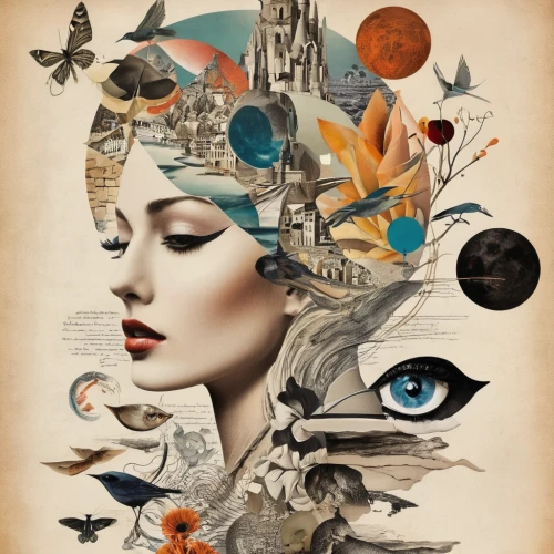 photomontage,surrealism,surrealistic,the carnival of venice,whimsical,imagination,woman thinking,alice in wonderland,psyche,fauna,fantasy art,psychedelic art,sci fiction illustration,boho art,headdress,secret garden of venus,postal elements,harmonia macrocosmica,divination,cognitive psychology,Illustration,Black and White,Black and White 07