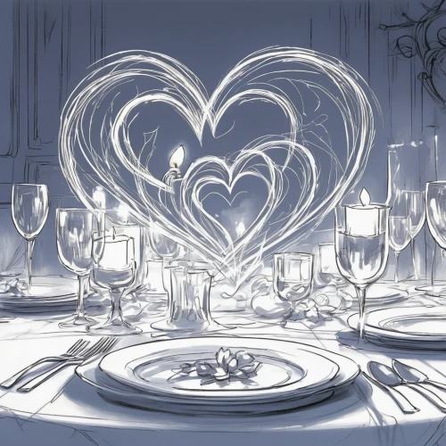 place setting,tablescape,wedding banquet,romantic dinner,table arrangement,table setting,silver cutlery,heart clipart,table decoration,valentine frame clip art,valentine clip art,exclusive banquet,place cards,fine dining restaurant,table decorations,wedding decoration,silver wedding,wedding reception,chiavari chair,tableware,Illustration,Black and White,Black and White 08