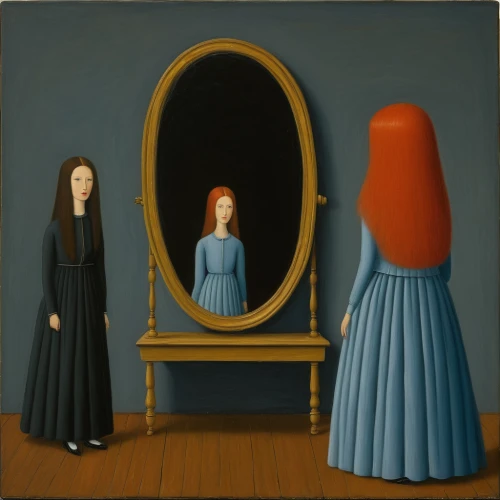 doll looking in mirror,the mirror,gothic portrait,magic mirror,mirror image,self-reflection,the long-hair cutter,russian doll,mirrors,grant wood,surrealism,mirror of souls,mirror house,girl in a long,in the mirror,russian dolls,self-deception,looking glass,matryoshka doll,cloves schwindl inge,Art,Artistic Painting,Artistic Painting 02