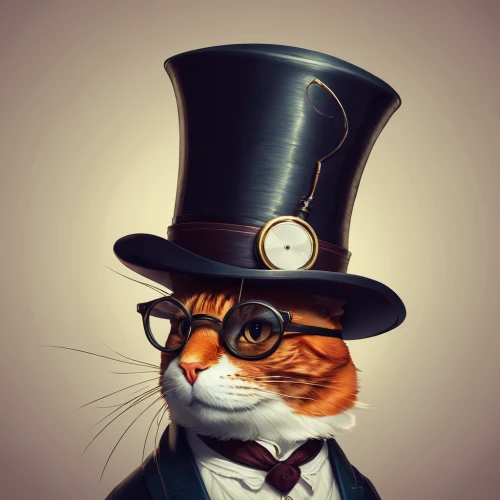 top hat,aristocrat,cat sparrow,ringmaster,napoleon cat,tuxedo,gentlemanly,hatter,stovepipe hat,tuxedo just,bowler hat,inspector,cat portrait,tux,red whiskered bulbull,vintage cat,cartoon cat,red tabby,tea party cat,steampunk,Conceptual Art,Fantasy,Fantasy 14
