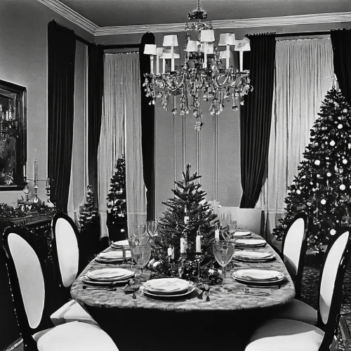 christmas table,christmas room,dining room,holiday table,decorations,table arrangement,vintage christmas,christmas menu,decorated,place setting,tablescape,christmas motif,dining room table,table setting,christmas dinner,decoration,decorate,festive decorations,dining table,christmas tins,Illustration,Black and White,Black and White 17