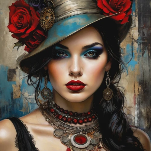 black hat,boho art,gypsy soul,red rose,fantasy art,the hat of the woman,romantic portrait,red hat,victorian lady,queen of hearts,art painting,steampunk,vintage woman,vintage girl,beautiful bonnet,gothic portrait,red roses,blue rose,the hat-female,girl wearing hat,Illustration,Realistic Fantasy,Realistic Fantasy 10
