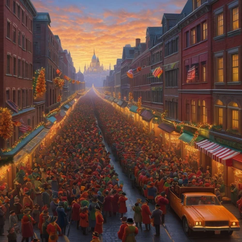 santarun,street party,ancient parade,street fair,christmas market,the holiday of lights,large market,the sea of red,the pied piper of hamelin,crowds,bottleneck,parade,thanksgiving background,the market,warm colors,shopping street,diwali festival,pedestrian lights,oktoberfest background,colorful city,Illustration,Realistic Fantasy,Realistic Fantasy 27