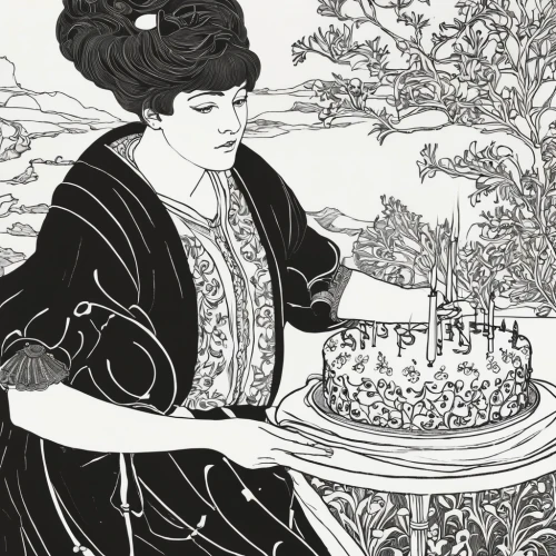 kate greenaway,woman holding pie,vintage illustration,cool woodblock images,candlemaker,book illustration,woman with ice-cream,hand-drawn illustration,coloring for adults,woodblock prints,charlotte cushman,mucha,elizabeth nesbit,woman eating apple,birthdays,birthday card,coffee tea illustration,jane austen,rem in arabian nights,woodblock printing,Illustration,Black and White,Black and White 24