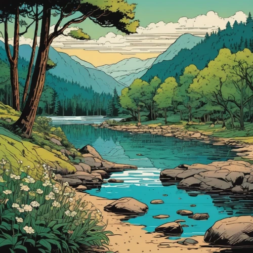 river landscape,mountain river,cool woodblock images,mountain stream,idyllic,oregon,salt meadow landscape,rivers,whistler,west canada,a river,mountainlake,mountain spring,nature landscape,alaska,british columbia,idyll,streams,river pines,highlands,Illustration,Vector,Vector 03