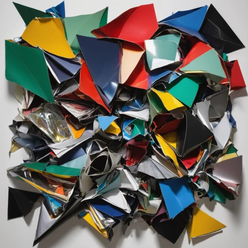 origami paper,origami paper plane,facets,origami,folded paper,plastic arts,geometric solids,metal pile,shards,pencil sharpener waste,paper art,cubism,fragments,mechanical puzzle,steel sculpture,kinetic art,folding,abstract shapes,penrose,colorful bunting,Unique,3D,Modern Sculpture