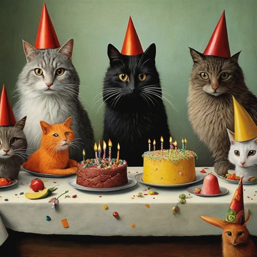 birthdays,cat family,vintage cats,whimsical animals,birthday party,felines,party hats,birthday card,children's birthday,cat lovers,tea party cat,cats,cat's cafe,happy birthday balloons,a party,celebration of witches,fête,animal balloons,baloons,cattles,Illustration,Abstract Fantasy,Abstract Fantasy 16