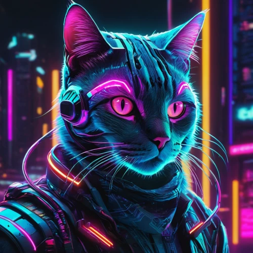 cyberpunk,cat vector,cyber,neon,neon light,80s,neon lights,80's design,nova,ultraviolet,neon coffee,street cat,laser,retro background,feline,alley cat,vector art,colorful background,cat,mute,Illustration,American Style,American Style 08