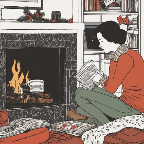 hygge,domestic heating,tea and books,book illustration,kate greenaway,warm and cozy,warmth,warming,women's novels,fireplace,relaxing reading,coffee and books,fireside,the girl studies press,coloring for adults,christmas fireplace,autumn motive,a collection of short stories for children,mantle,gas stove,Illustration,Vector,Vector 10