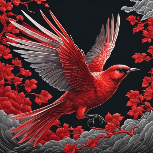 red bird,flower and bird illustration,dove of peace,ornamental bird,an ornamental bird,humming birds,chinese art,oriental painting,crimson finch,red beak,bird painting,humming-bird,flying birds,bird illustration,on a red background,songbird,phoenix rooster,japanese art,humming bird,cardinals,Illustration,Japanese style,Japanese Style 18