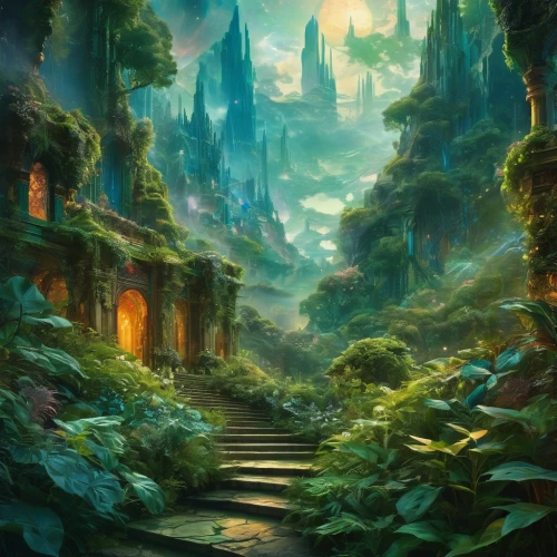 fantasy landscape,elven forest,fantasy picture,fairy world,fairy village,druid grove,fairy forest,fantasy art,the mystical path,3d fantasy,forest of dreams,forest landscape,enchanted forest,mushroom landscape,ancient city,fantasy world,green forest,fantasia,forest path,forest glade,Conceptual Art,Fantasy,Fantasy 05