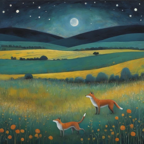 fox and hare,hare field,hare trail,foxes,carol colman,hares,fox hunting,hare coursing,garden-fox tail,wildflower meadow,night scene,meadow landscape,moon and star,moonlit night,greyhound,red fox,aglais,carol m highsmith,summer meadow,orchard meadow,Illustration,Abstract Fantasy,Abstract Fantasy 15