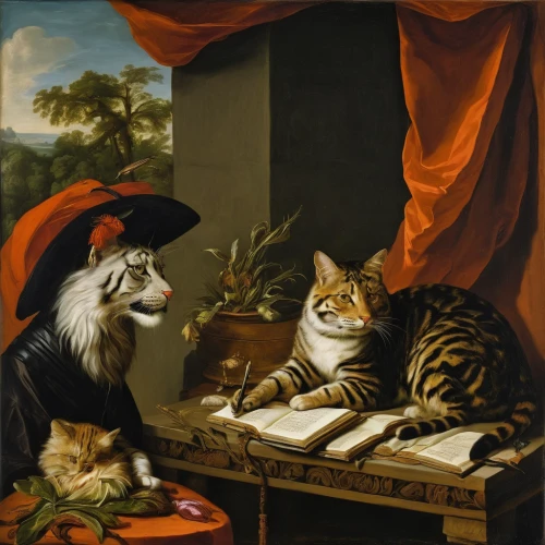 two cats,figaro,cat's cafe,still-life,vintage cats,tea party cat,still life,cat european,cats playing,cat portrait,cat family,felines,cats,napoleon cat,partiture,hunting scene,ritriver and the cat,dog and cat,meticulous painting,scholar,Art,Classical Oil Painting,Classical Oil Painting 37