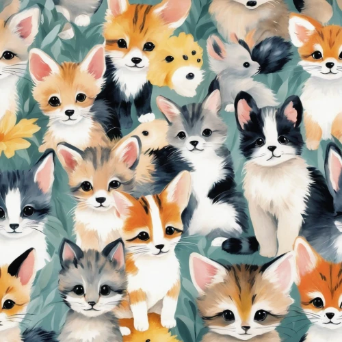 seamless pattern,background pattern,seamless pattern repeat,foxes,fox stacked animals,vintage cats,corgis,kawaii animal patch,felines,vintage wallpaper,kimono fabric,animal stickers,shower curtain,cattles,motif,whimsical animals,kawaii animal patches,kawaii animals,cats,kittens,Art,Artistic Painting,Artistic Painting 37