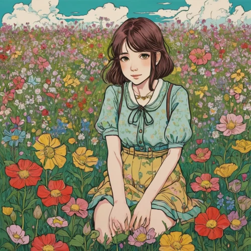 field of flowers,blooming field,girl in flowers,flower field,clover meadow,sea of flowers,girl picking flowers,flowers field,girl in the garden,falling flowers,summer meadow,flower meadow,flower garden,summer flower,meadow in pastel,blanket of flowers,floral background,studio ghibli,chara,springtime background,Art,Artistic Painting,Artistic Painting 07