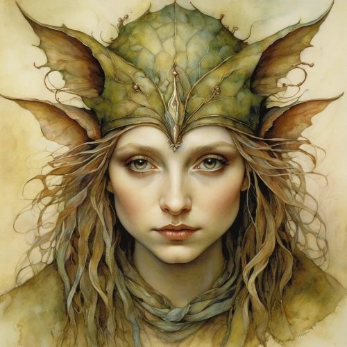 dryad,faery,faerie,fantasy portrait,elven,faun,the enchantress,fantasy art,fae,headdress,anahata,violet head elf,celtic queen,medusa,green dragon,fantasy woman,sorceress,harpy,the hat of the woman,heroic fantasy,Illustration,Realistic Fantasy,Realistic Fantasy 14