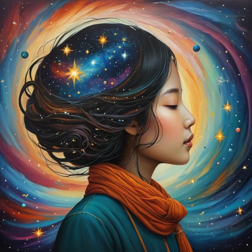 mystical portrait of a girl,astral traveler,cosmic flower,universe,the universe,astronomer,constellations,inner space,celestial,constellation,psychedelic art,imagination,falling stars,astronomy,falling star,cosmic,cosmos,colorful stars,astral,space art,Illustration,Abstract Fantasy,Abstract Fantasy 17