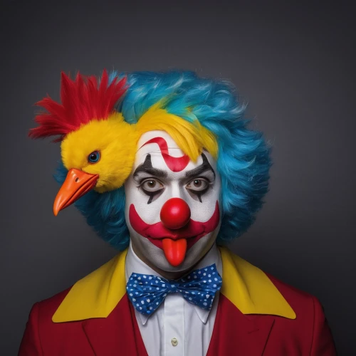 rodeo clown,scary clown,clown,creepy clown,horror clown,ronald,it,circus animal,pubg mascot,clowns,the chicken,triggerfish-clown,comedy tragedy masks,chicken 65,photoshop school,redcock,fowl,portrait of a hen,rooster head,chicken head,Conceptual Art,Oil color,Oil Color 12