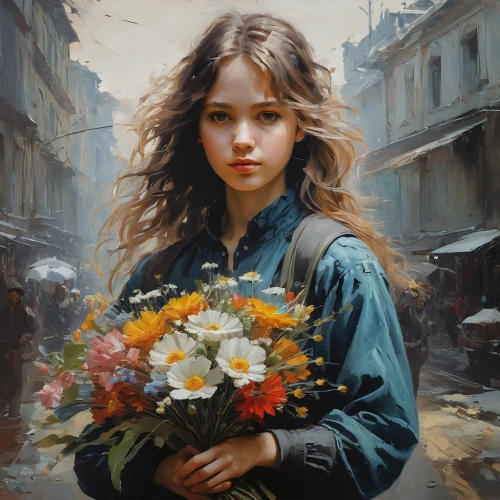 girl in flowers,beautiful girl with flowers,girl picking flowers,holding flowers,mystical portrait of a girl,with a bouquet of flowers,girl in a wreath,flower girl,young girl,oil painting on canvas,romantic portrait,splendor of flowers,oil painting,flower delivery,portrait of a girl,flower painting,bouquet of flowers,young woman,wreath of flowers,girl portrait,Conceptual Art,Fantasy,Fantasy 12