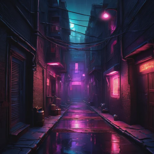 alleyway,alley,cyberpunk,blind alley,vapor,rescue alley,fantasy city,neon arrows,narrow street,world digital painting,neon lights,ultraviolet,colorful city,the street,slum,passage,dusk background,cityscape,dusk,night scene,Illustration,Realistic Fantasy,Realistic Fantasy 44