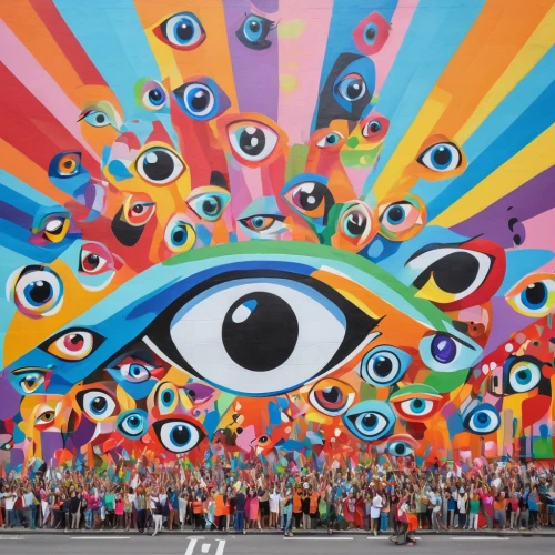 all seeing eye,children's eyes,baku eye,multicolor faces,eye,abstract eye,eye ball,cosmic eye,women's eyes,third eye,mural,robot eye,street artists,the eyes of god,peacock eye,retina nebula,psychedelic art,eye cancer,myopia,streetart,Illustration,Vector,Vector 07