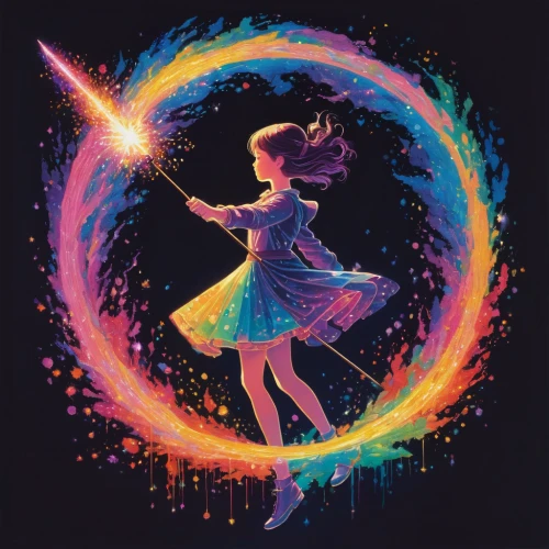 fairy galaxy,little girl twirling,firedancer,flying sparks,falling star,magical,prism ball,twirling,fantasia,fairy dust,dancing flames,child fairy,baton twirling,rainbow pencil background,magical adventure,fire dance,twirl,fire dancer,falling stars,flying girl,Illustration,Abstract Fantasy,Abstract Fantasy 20