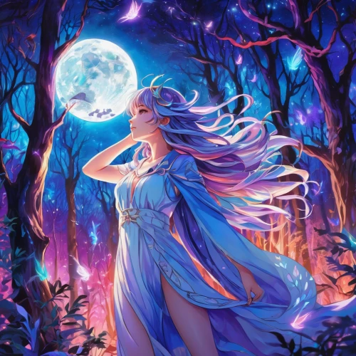 blue moon rose,fae,luna,faerie,blue moon,purple moon,fantasy picture,moon and star background,blue enchantress,moonlit,moonlit night,moonbeam,sorceress,rapunzel,fantasia,rusalka,fairy queen,lunar,moonlight,full moon,Illustration,Realistic Fantasy,Realistic Fantasy 20