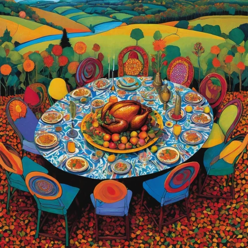 persian new year's table,thanksgiving table,food table,cornucopia,harvest festival,fruit bowl,fruit plate,vegetables landscape,autumn still life,placemat,khokhloma painting,dining table,dining,tablecloth,fruit fields,paella,dinner tray,long table,basket of fruit,holiday table,Illustration,Abstract Fantasy,Abstract Fantasy 08