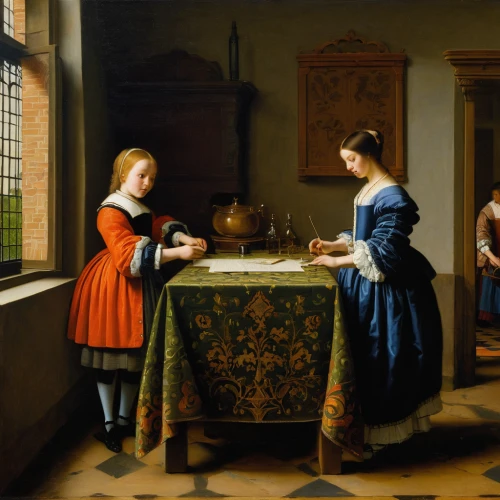 card table,chess game,courtship,candlemaker,the annunciation,candlemas,flemish,candlestick for three candles,card game,poker table,playing cards,girl in the kitchen,meticulous painting,young women,ball fortune tellers,groseillier,woman playing,bellini,table tennis,dining table,Art,Classical Oil Painting,Classical Oil Painting 41