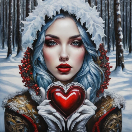 the snow queen,queen of hearts,suit of the snow maiden,bleeding heart,white rose snow queen,snow white,romantic portrait,winter dream,winterblueher,winter rose,ice queen,snow angel,winter background,winter cherry,snow cherry,christmas woman,warm heart,blue heart,eternal snow,winter magic,Illustration,Realistic Fantasy,Realistic Fantasy 10