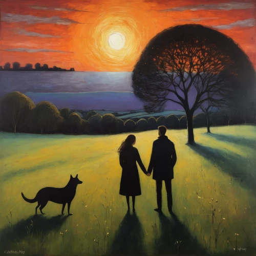 loving couple sunrise,carol colman,evening atmosphere,walking dogs,girl with dog,early evening,fox and hare,boy and dog,the evening light,vintage couple silhouette,carol m highsmith,evening sun,shepherd romance,hare trail,night scene,young couple,oil painting on canvas,summer evening,summer solstice,hare coursing,Illustration,Abstract Fantasy,Abstract Fantasy 15