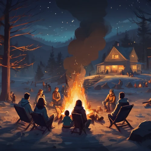 nordic christmas,campfires,campfire,christmas scene,christmas circle,log fire,camp fire,fireside,winter festival,the occasion of christmas,fourth advent,game illustration,birth of christ,carol singers,third advent,winter village,bonfire,christmas landscape,carolers,yule log,Conceptual Art,Fantasy,Fantasy 02