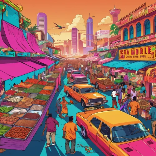 colorful city,the market,hippy market,market,large market,vendors,marketplace,fruit market,farmer's market,banana box market,car hop,souk,sci fiction illustration,vegetable market,farmers market,fish market,cities,bazaar,principal market,game illustration,Illustration,Vector,Vector 19