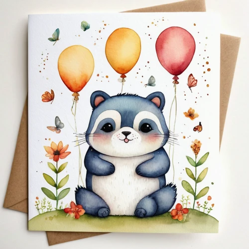 greetting card,greeting cards,greeting card,watercolor baby items,balloon envelope,floral greeting card,raccoon,hedgehog,whimsical animals,birthday card,cute bear,kids illustration,hedgehogs,little panda,raccoons,animal balloons,koala,scrapbook paper,hanging panda,red panda,Conceptual Art,Daily,Daily 34