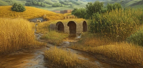 rural landscape,yellow grass,wheat field,rice fields,rural,farm landscape,ricefield,straw hut,the rice field,rice field,brook landscape,wheat fields,tied-arch bridge,world digital painting,autumn landscape,villages,countryside,hangman's bridge,hobbiton,digital painting,Common,Common,Natural