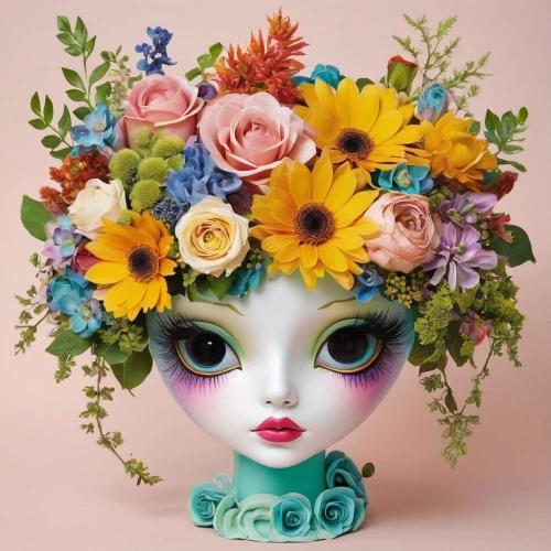 spring crown,flower hat,girl in flowers,vintage flowers,flower crown,blooming wreath,flower girl,floral wreath,wreath of flowers,dahlia pinata,vintage floral,flower animal,doll's facial features,artist doll,flower bowl,summer crown,colorful floral,beautiful girl with flowers,flora,spring bouquet,Illustration,Abstract Fantasy,Abstract Fantasy 11