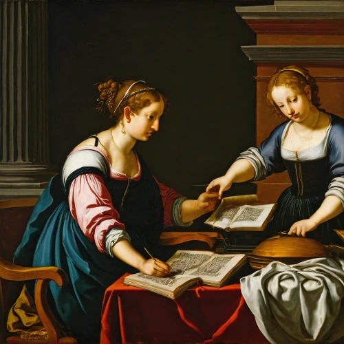 the annunciation,candlemas,children studying,meticulous painting,girl studying,two girls,church painting,contemporary witnesses,child with a book,girl with cloth,holy family,woman playing,young couple,andrea del verrocchio,tutor,parchment,painting technique,young women,prayer book,la nascita di venere,Art,Classical Oil Painting,Classical Oil Painting 29