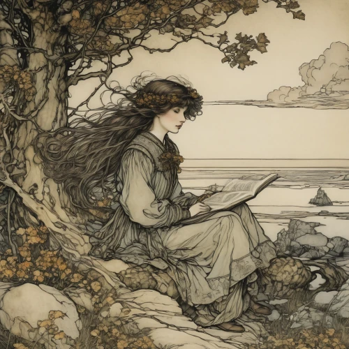 arthur rackham,kate greenaway,rusalka,mucha,girl with tree,girl on the dune,girl picking apples,the sea maid,vintage illustration,idyll,book illustration,girl on the river,fae,lilian gish - female,dryad,eglantine,girl in the garden,woman at the well,heroic fantasy,the enchantress,Illustration,Retro,Retro 25