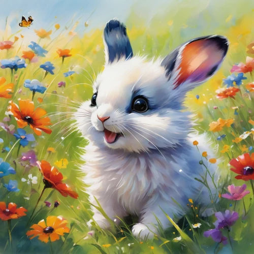 bunny on flower,flower animal,springtime background,little bunny,flower painting,easter background,spring background,little rabbit,whimsical animals,cottontail,easter theme,rainbow rabbit,bunny,easter rabbits,easter bunny,flower background,white bunny,bunny smiley,wild rabbit,rabbit,Conceptual Art,Oil color,Oil Color 03