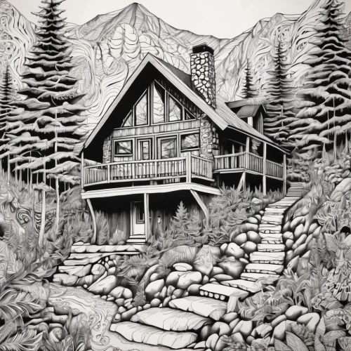 the cabin in the mountains,log home,log cabin,house in mountains,mountain hut,house in the mountains,mountain huts,cottage,house in the forest,coloring page,hand-drawn illustration,summer cottage,lodge,chalet,alpine hut,house drawing,small cabin,pencil drawings,mountain settlement,wooden house,Illustration,Black and White,Black and White 11