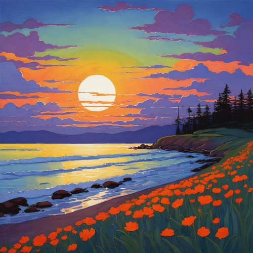 coast sunset,carol colman,beach landscape,coastal landscape,sunset beach,sunset glow,tommie crocus,sunrise beach,flower in sunset,carol m highsmith,orange sky,sunset,orange bay,lake superior,steve medlin,moonrise,sundown,setting sun,summer evening,mountain beach,Illustration,Retro,Retro 07