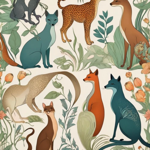 woodland animals,whimsical animals,foxes,seamless pattern,forest animals,animal stickers,fox stacked animals,background pattern,seamless pattern repeat,animal shapes,fall animals,round animals,fox and hare,fauna,garden-fox tail,vintage cats,rabbits and hares,mammals,animals hunting,animal icons,Illustration,Retro,Retro 08