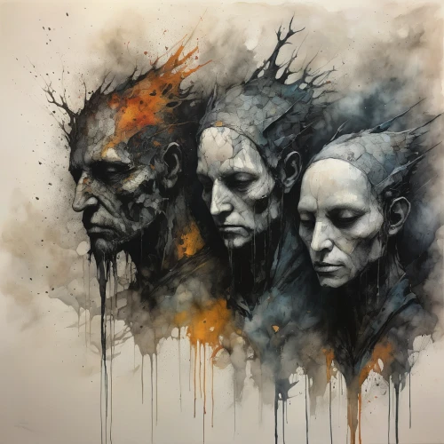 four seasons,oil painting on canvas,dark art,art painting,spirits,ink painting,skulls,smoke art,heads,trio,ashes,charcoal drawing,painting technique,walkers,death's-head,individuals,decay,merle black,sirens,paintings,Illustration,Abstract Fantasy,Abstract Fantasy 18