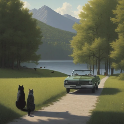 vintage cats,ritriver and the cat,bmw 507,two cats,sunbeam tiger,cattails,lakeside,sunbeam alpine,summer day,hollyleaf cherry,stroll,alpine drive,studio ghibli,summer evening,old cars,the cat,cattail,felines,porsche 914,stray cats,Art,Artistic Painting,Artistic Painting 48