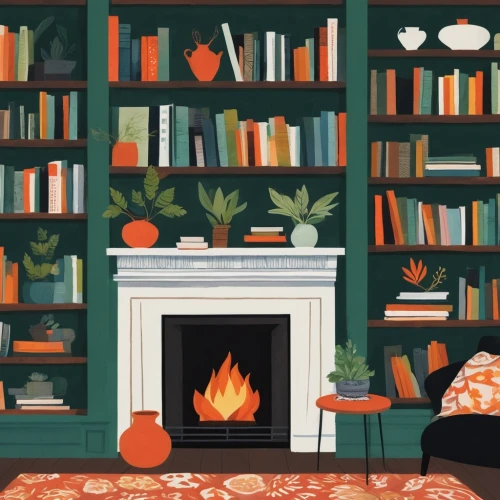bookshelves,fireplace,fireplaces,book wall,fire place,autumn decor,mid century modern,bookcase,bookshelf,fire in fireplace,tea and books,book illustration,mid century,christmas fireplace,teal and orange,reading room,vintage books,mantel,fire background,log fire,Illustration,Vector,Vector 08