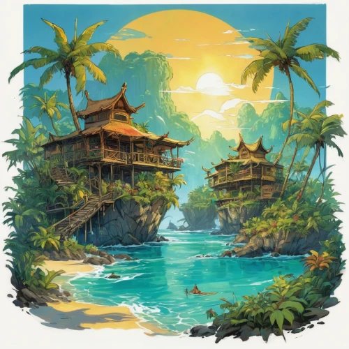 tropical island,tropical house,floating islands,islands,polynesia,island,island suspended,monkey island,an island far away landscape,java island,the island,bali,tropical beach,resort,coconut trees,lagoon,ms island escape,resort town,seaside resort,honolulu,Conceptual Art,Fantasy,Fantasy 08